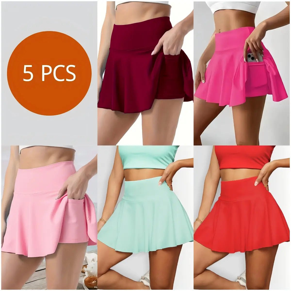 Women'S 5 Piece Skirts 2 in 1 High Waist Sports Skirt Flowy Cheeky Short Skirts Gym Skirts Versatile Stretchy Flared Casual Mini Skirt Solid Pocket Design Skirt for Yoga Gym Workout Ladies Sportswear for Summer High Waisted Skirts Solid Color Skirt Out