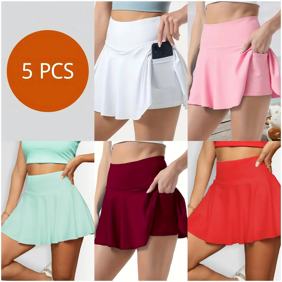 Women'S 5 Piece Skirts 2 in 1 High Waist Sports Skirt Flowy Cheeky Short Skirts Gym Skirts Versatile Stretchy Flared Casual Mini Skirt Solid Pocket Design Skirt for Yoga Gym Workout Ladies Sportswear for Summer High Waisted Skirts Solid Color Skirt Out