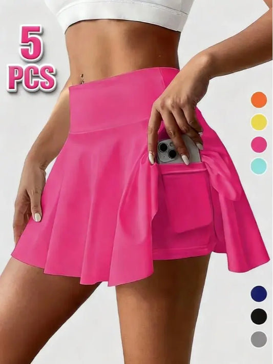Women'S 5 Piece Skirts 2 in 1 High Waist Sports Skirt Flowy Cheeky Short Skirts Gym Skirts Versatile Stretchy Flared Casual Mini Skirt Solid Pocket Design Skirt for Yoga Gym Workout Ladies Sportswear for Summer High Waisted Skirts Solid Color Skirt Out