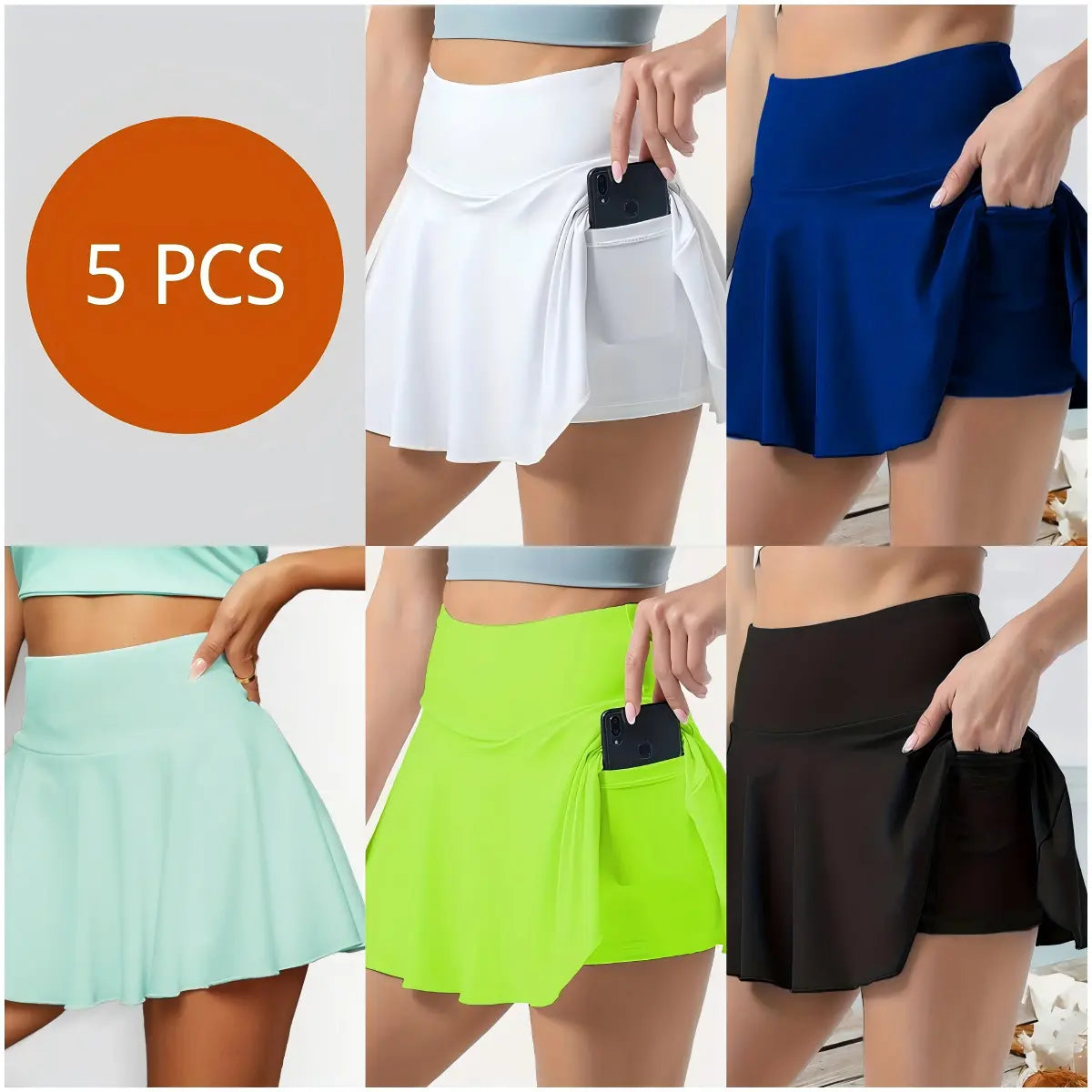 Women'S 5 Piece Skirts 2 in 1 High Waist Sports Skirt Flowy Cheeky Short Skirts Gym Skirts Versatile Stretchy Flared Casual Mini Skirt Solid Pocket Design Skirt for Yoga Gym Workout Ladies Sportswear for Summer High Waisted Skirts Solid Color Skirt Out