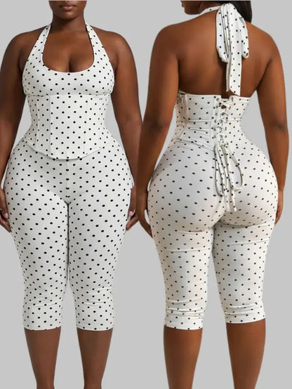 Sculpt Touch Polka Dot Hourglass Jumpsuit with Corset Belt | Halter Neck Backless Capri Shapewear Bodysuit Tummy Control & Butt Lift