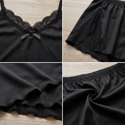 Women'S Ultra-Soft Lace Trim Cami Pajama Set – Breathable Skin-Friendly Sleepwear Adjustable Straps Side-Slit Shorts Sexy & Elegant Loungewear for Summer Nights Non-Rib-Knit Comfortable Home Wear Pajamas Sets for Women Cute Summer Outfits Vacation Outfits