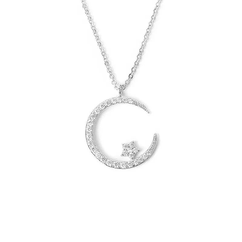 Fashion Shining Inlaid Zirconia Star Moon Pendant Necklace for Women Luxury Crystal Clavicle Chain Necklace Wedding Jewelry