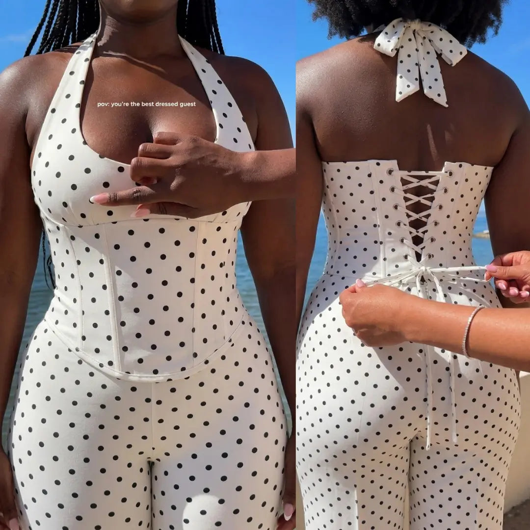 Sculpt Touch Polka Dot Hourglass Jumpsuit with Corset Belt | Halter Neck Backless Capri Shapewear Bodysuit Tummy Control & Butt Lift