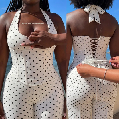 Sculpt Touch Polka Dot Hourglass Jumpsuit with Corset Belt | Halter Neck Backless Capri Shapewear Bodysuit Tummy Control & Butt Lift