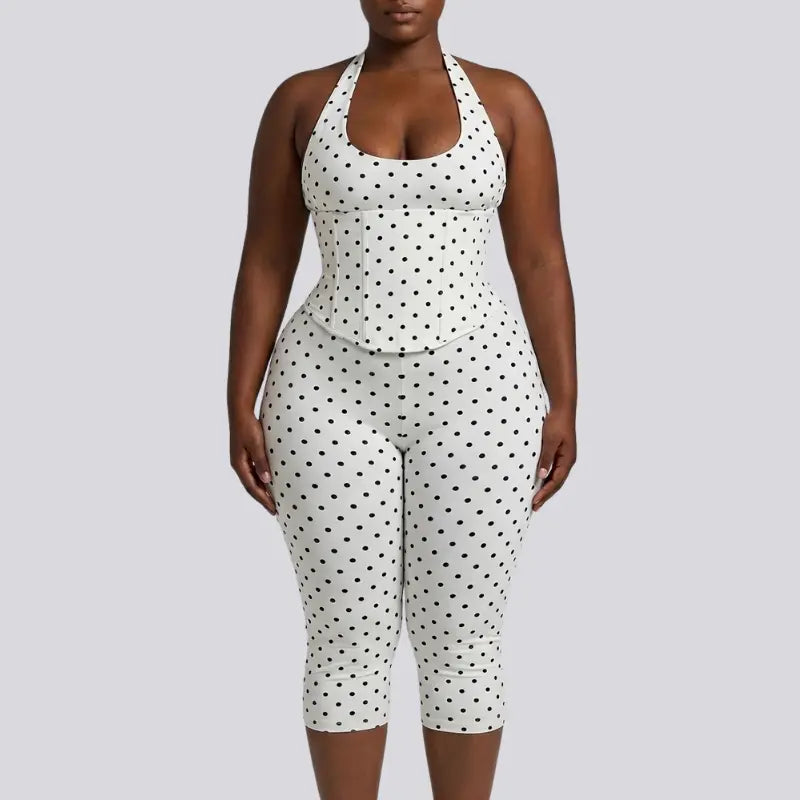 Sculpt Touch Polka Dot Hourglass Jumpsuit with Corset Belt | Halter Neck Backless Capri Shapewear Bodysuit Tummy Control & Butt Lift