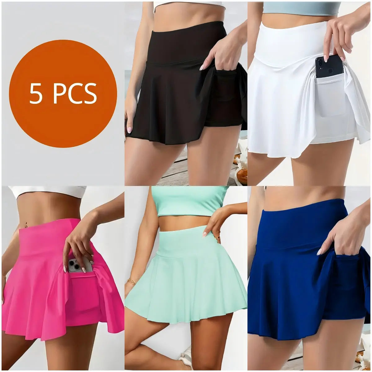 Women'S 5 Piece Skirts 2 in 1 High Waist Sports Skirt Flowy Cheeky Short Skirts Gym Skirts Versatile Stretchy Flared Casual Mini Skirt Solid Pocket Design Skirt for Yoga Gym Workout Ladies Sportswear for Summer High Waisted Skirts Solid Color Skirt Out
