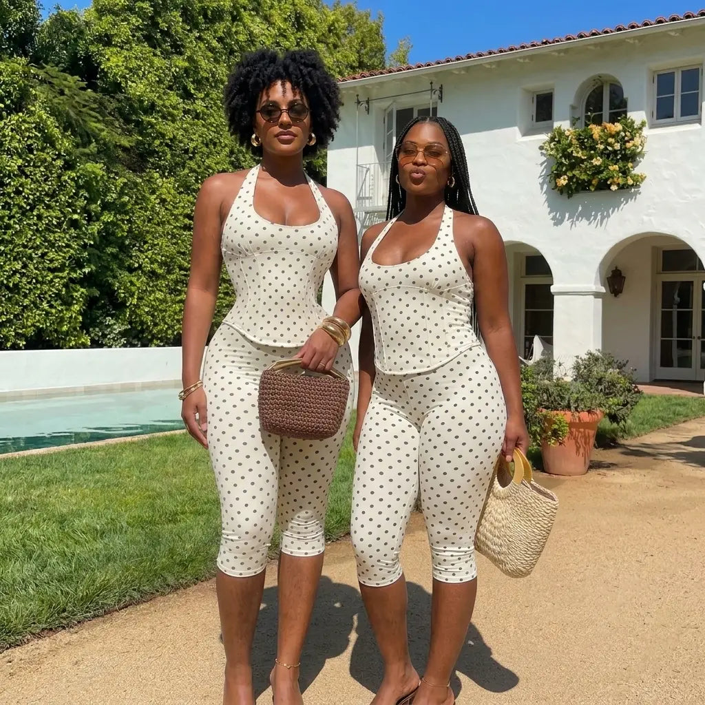 Sculpt Touch Polka Dot Hourglass Jumpsuit with Corset Belt | Halter Neck Backless Capri Shapewear Bodysuit Tummy Control & Butt Lift