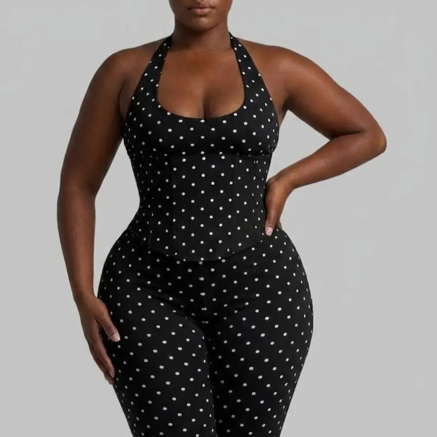 Sculpt Touch Polka Dot Hourglass Jumpsuit with Corset Belt | Halter Neck Backless Capri Shapewear Bodysuit Tummy Control & Butt Lift