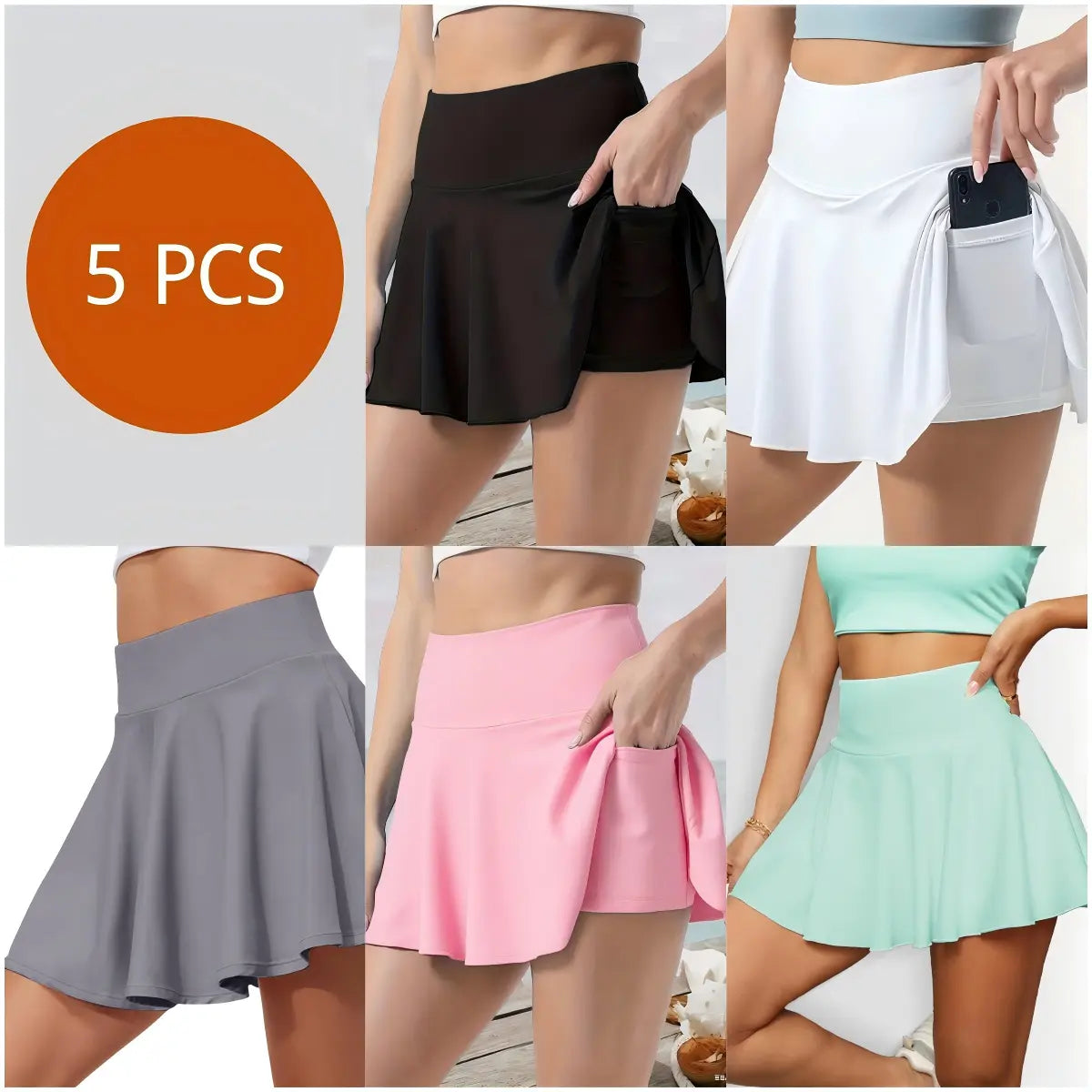 Women'S 5 Piece Skirts 2 in 1 High Waist Sports Skirt Flowy Cheeky Short Skirts Gym Skirts Versatile Stretchy Flared Casual Mini Skirt Solid Pocket Design Skirt for Yoga Gym Workout Ladies Sportswear for Summer High Waisted Skirts Solid Color Skirt Out