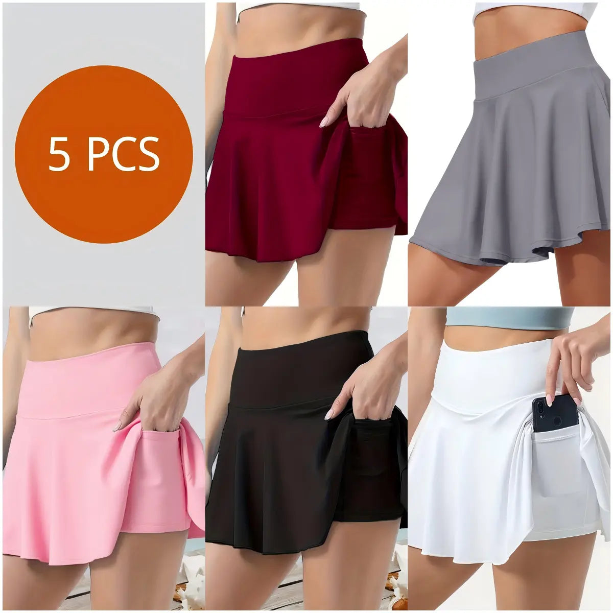 Women'S 5 Piece Skirts 2 in 1 High Waist Sports Skirt Flowy Cheeky Short Skirts Gym Skirts Versatile Stretchy Flared Casual Mini Skirt Solid Pocket Design Skirt for Yoga Gym Workout Ladies Sportswear for Summer High Waisted Skirts Solid Color Skirt Out