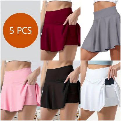 Women'S 5 Piece Skirts 2 in 1 High Waist Sports Skirt Flowy Cheeky Short Skirts Gym Skirts Versatile Stretchy Flared Casual Mini Skirt Solid Pocket Design Skirt for Yoga Gym Workout Ladies Sportswear for Summer High Waisted Skirts Solid Color Skirt Out