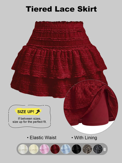 Women'S Pleated Ruffled Mini Skirt with Lace High Waist Woven Attached Leggings Gathered Double-Layer Flared Design Comfortable, Soft, Breathable Fabric Short Skirt Suitable for Outdoor Leisure Activities Daily Wear Back to School Fit