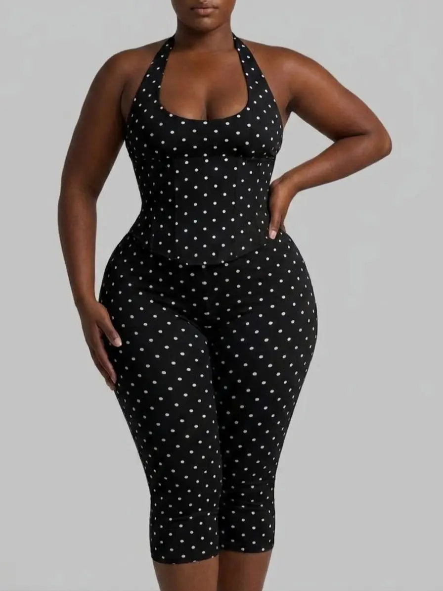 Sculpt Touch Polka Dot Hourglass Jumpsuit with Corset Belt | Halter Neck Backless Capri Shapewear Bodysuit Tummy Control & Butt Lift